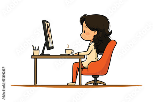 Cartoon girl working on the computer from home with a cup of coffee