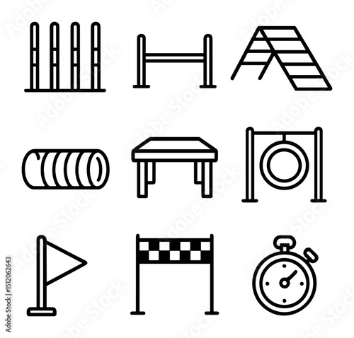 Pet Agility Icons. Outline icon set of pet agility course: weave poles, jump hurdle, A-frame ramp, tunnel tube, pause table, tire