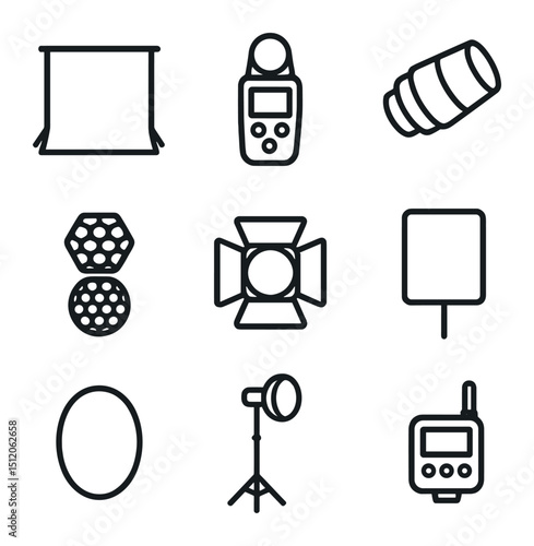 Photography Icon Set. Outline icon set of low-key photography essentials: black backdrop, light meter, snoot attachment, grids,