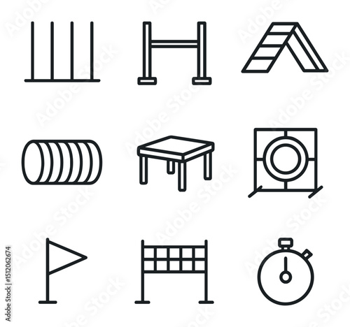 Pet Agility Icons. Outline icon set of pet agility course: weave poles, jump hurdle, A-frame ramp, tunnel tube, pause table, tire