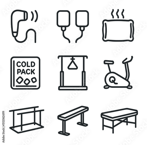 Physiotherapy Icon Set. Outline icon set of physiotherapy modalities: ultrasound probe, electrical stim pad, hot pack, cold pack,