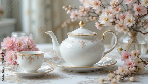 Wallpaper Mural Elegant Tea Time Setting with Delicate Porcelain Teapot and Cup, adorned with gold accents, accompanied by a bouquet of soft pink flowers, creating a serene and sophisticated atmosphere. Torontodigital.ca
