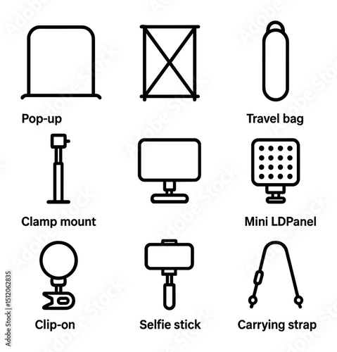 Portable Green Screen Icons. Outline icon set of portable green screen solutions: pop-up backdrop, foldable frame, travel bag,
