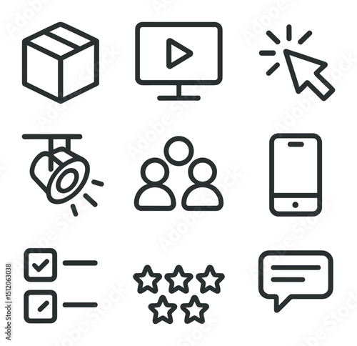 Product Demo Icons. Outline icon set of product demo session: product box, screen play button, pointer click, spotlight, audience
