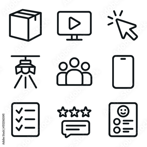 Product Demo Icons. Outline icon set of product demo session: product box, screen play button, pointer click, spotlight, audience