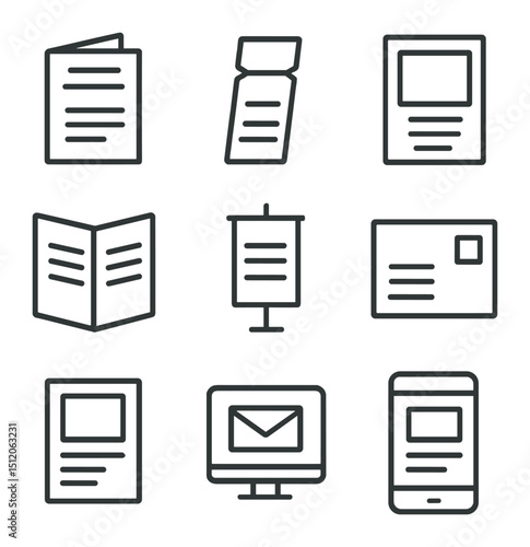 Promotional Materials Icons. Outline icon set of promotional materials design: program booklet, ticket stub, poster mockup,