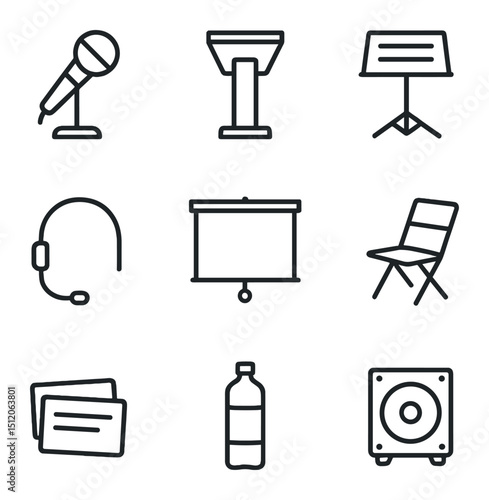 Reading Equipment Icons. Outline icon set of reading equipment and props: microphone, lectern, music stand, wireless headset,