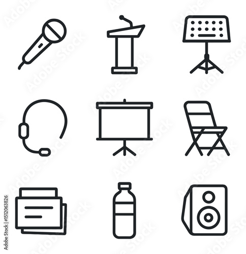 Reading Equipment Icons. Outline icon set of reading equipment and props: microphone, lectern, music stand, wireless headset,