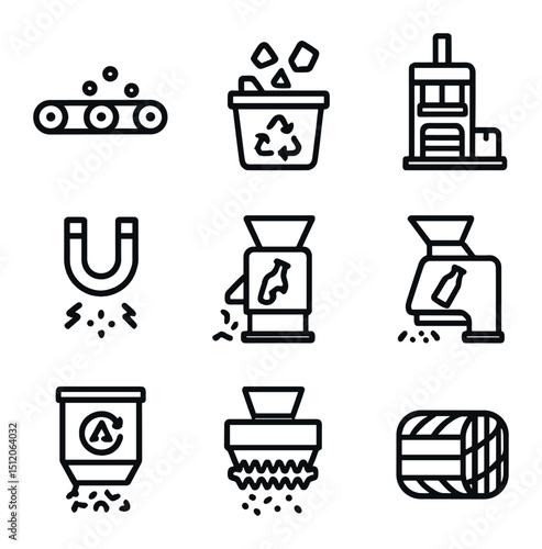 Recycling Workflow Icons. Outline icon set of recycling center workflow: conveyor belt, sorting bin, baler press, magnetic