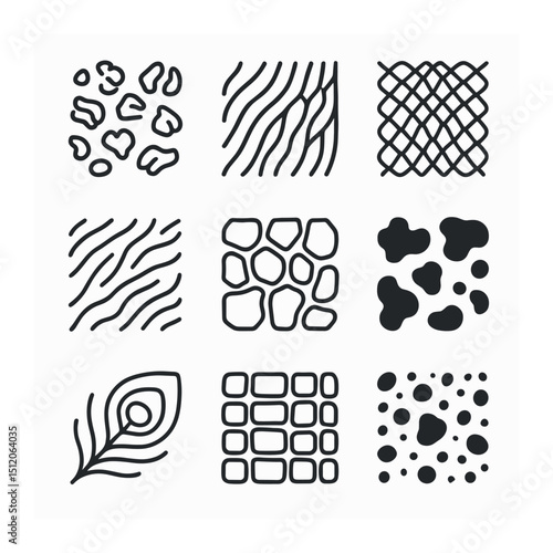 Animal Print Icons. Outline icon set of craft and hobby supply box labeling: yarn bin, fabric swatch box, bead tray, paint tube