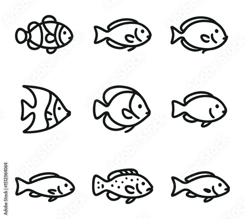 Reef Fish Icon Set. Outline icon set of reef fish species: clownfish, parrotfish, surgeonfish, angelfish, butterflyfish,