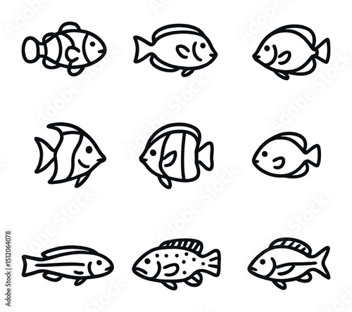 Reef Fish Icon Set. Outline icon set of reef fish species: clownfish, parrotfish, surgeonfish, angelfish, butterflyfish,