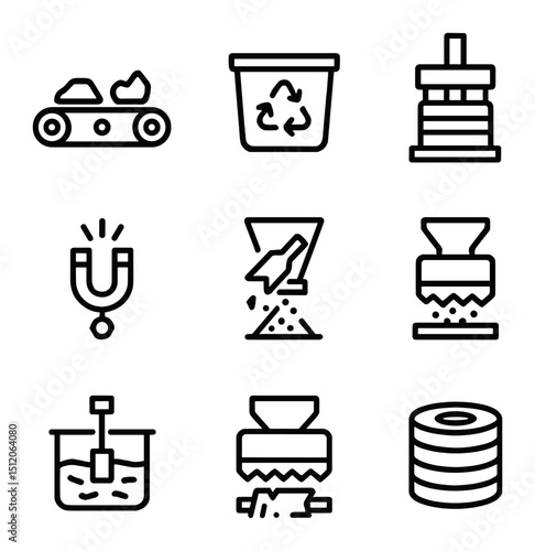 Recycling Workflow Icons. Outline icon set of recycling center workflow: conveyor belt, sorting bin, baler press, magnetic
