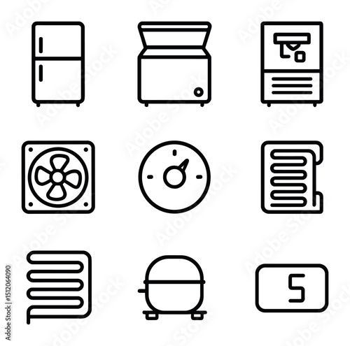 Refrigeration Equipment Icons. Outline icon set of refrigeration equipment: refrigerator, freezer chest, ice maker, cooling fan,