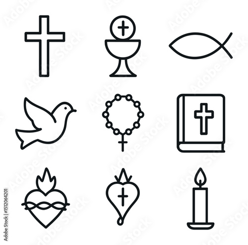 Religious Symbol Icons. Outline icon set of religious symbols and iconography: cross, chalice, host, ichthys fish, dove, rosary