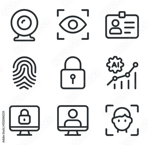 Remote Proctoring Icons. Outline icon set of remote proctoring measures: webcam, eye-tracking frame, ID card, fingerprint icon,