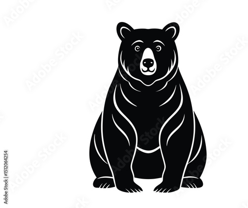 A bold black and white silhouette of a sitting grizzly bear on a white background