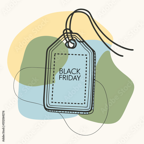 Artistic Black Friday Sale Tag with Abstract Shapes and Line Art Detailing Holiday Season