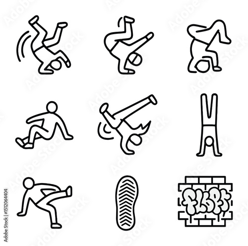 Breakdance Icon Set. Outline icon set of breakdance basics: windmill spin, headspin, baby freeze, backspin, power move flash,