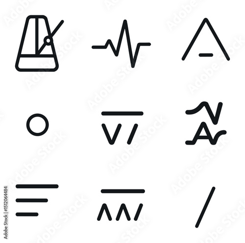Rhythm and Meter Icons. Outline icon set of meter and rhythm: metronome, heartbeat line, stressed syllable mark, unstressed