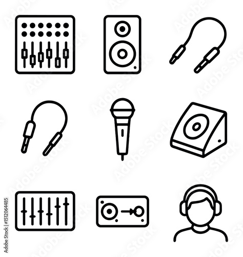Concert Equipment Icons. Outline icon set of concert sound equipment: mixing console, PA speaker, subwoofer, audio cable, wireless