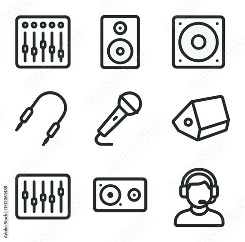 Concert Equipment Icons. Outline icon set of concert sound equipment: mixing console, PA speaker, subwoofer, audio cable, wireless