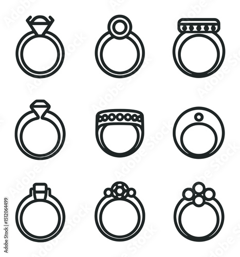 Ring Setting Icons. Outline icon set of ring settings: prong setting, bezel setting, channel setting, tension setting, pavé