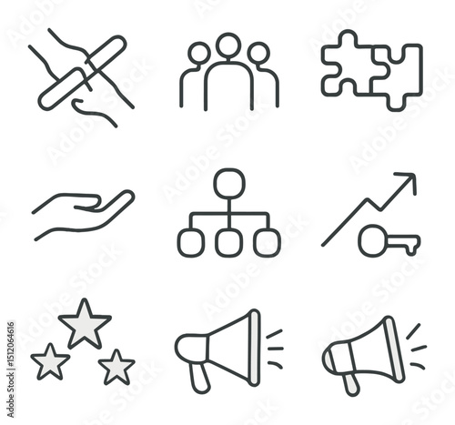 Delegation Icon Set. Outline icon set of delegation and empowerment: handing over baton, team icon, puzzle pieces, key, open hand,