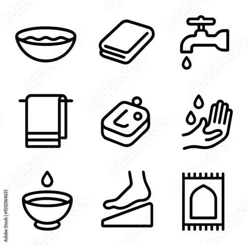 Ritual Washing Icons. Outline icon set of ritual washing and purification: water basin, wash cloth, faucet, towel, soap bar,