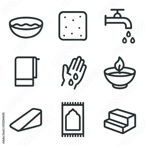 Ritual Washing Icons. Outline icon set of ritual washing and purification: water basin, wash cloth, faucet, towel, soap bar,