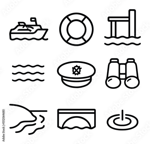 River Cruise Icon Set. Outline icon set of river cruise tour: boat, life buoy, dock, waves, captain’s hat, binoculars, river bank,