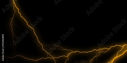 Massive lightning bolt with branches isolated on black background. Black marble texture abstract marble background. Vector marble pattern with yellow cracks Transparent texture. 