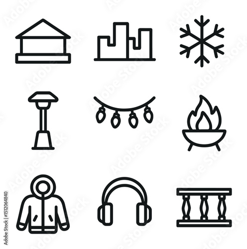Rooftop Silent Disco Icons. Outline icon set of outdoor rooftop silent disco: rooftop silhouette, city skyline, snowflake icon,