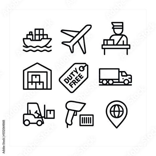 Free Trade Icons. Outline icon set of free trade zone features: cargo ship, airplane, customs checkpoint, warehouse, duty-free tag