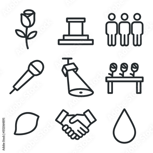 Rose Ceremony Icons. Outline icon set of rose ceremony moments: rose, stage podium, contestant line, host microphone, spotlight