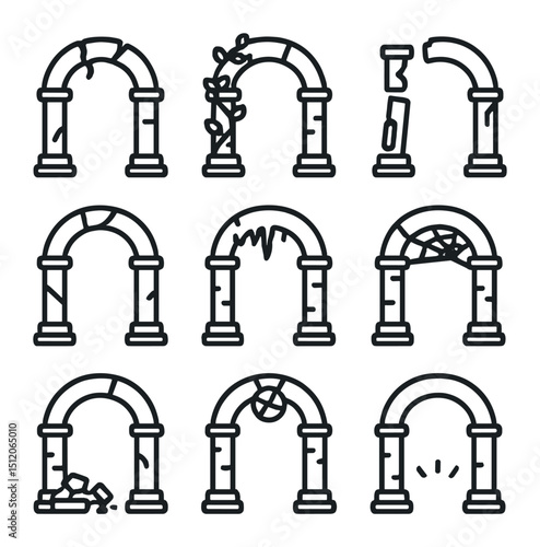 Ruinous Archway Icons. Outline icon set of ruinous archways: collapsed keystone, ivy-covered stone, broken pillars, cracked arch,