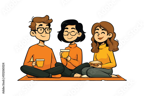 Illustrative scene of three friends enjoying a picnic together, sharing food and drinks