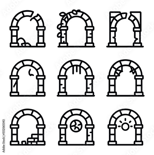 Ruinous Archway Icons. Outline icon set of ruinous archways: collapsed keystone, ivy-covered stone, broken pillars, cracked arch,