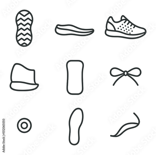 Running Shoe Icons. Outline icon set of running shoe components: outsole tread, midsole cushion, upper mesh, heel counter, tongue,
