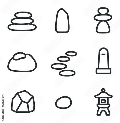 Outline Icon Set. Outline icon set of fire station gear: fire truck, hydrant, fire helmet, axe, hose reel, alarm bell, turnout