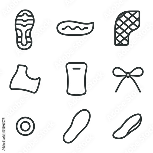 Running Shoe Icons. Outline icon set of running shoe components: outsole tread, midsole cushion, upper mesh, heel counter, tongue,