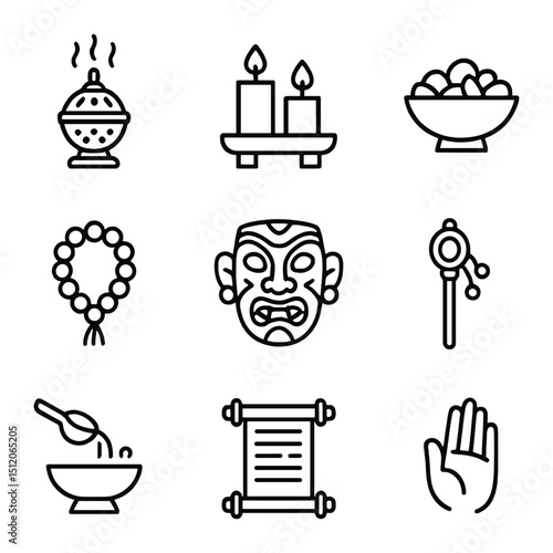 Sacred Ceremony Icons. Outline icon set of sacred ceremonies and rites: incense burner, altar candles, offering bowl, prayer beads