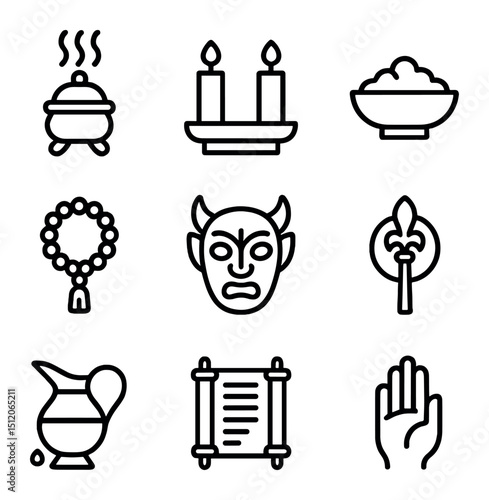 Sacred Ceremony Icons. Outline icon set of sacred ceremonies and rites: incense burner, altar candles, offering bowl, prayer beads