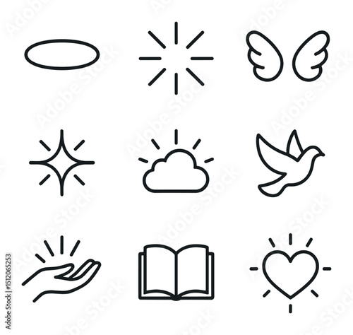 Sacred Symbols Icon Set. Outline icon set of divine glow: halo, beams of light, angel wings, shining star, glowing cloud, dove
