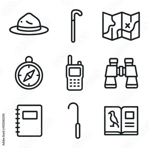 Safari Ranger Tools. Outline icon set of safari ranger and guide tools: ranger hat, walking stick, map, compass, radio handset,