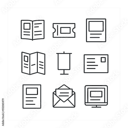 Promotional Materials Icons. Outline icon set of promotional materials design: program booklet, ticket stub, poster mockup,