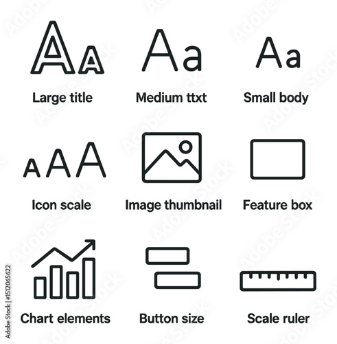 Scale Icon Set. Outline icon set of size and scale emphasis: large title, medium subtitle, small body text, icon scale, image