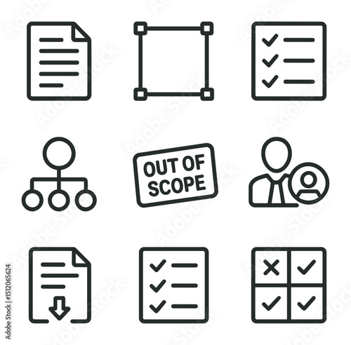 Scope Definition Icons. Outline icon set of scope definition: scope statement paper, boundary box, requirement list, use case