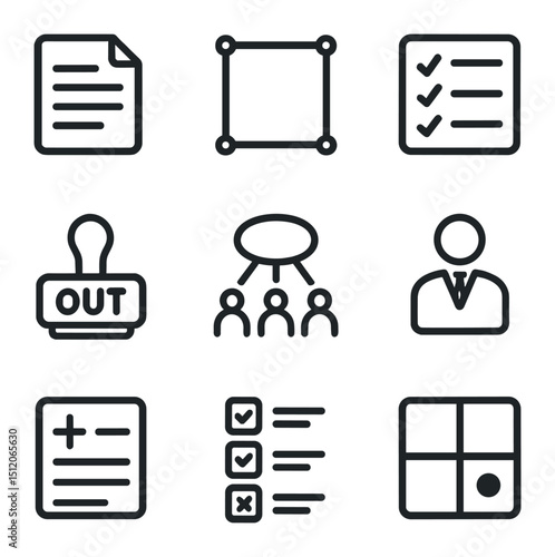 Scope Definition Icons. Outline icon set of scope definition: scope statement paper, boundary box, requirement list, use case