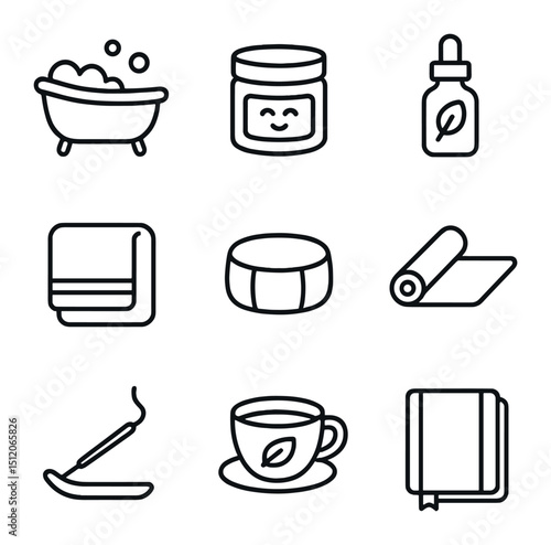 Self-Care Ritual Icons. Outline icon set of blissful self-care rituals: bubble bath tub, face mask jar, essential oil bottle,